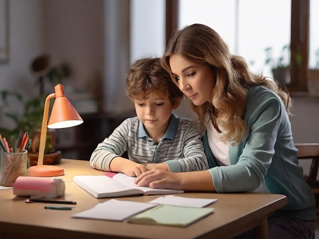 Front view woman helping kid with homework