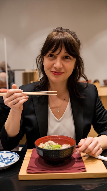 Photo front view woman holding chopsticks