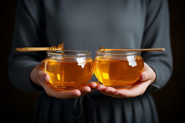 Photo front view woman holding glass with tea and honey dipper