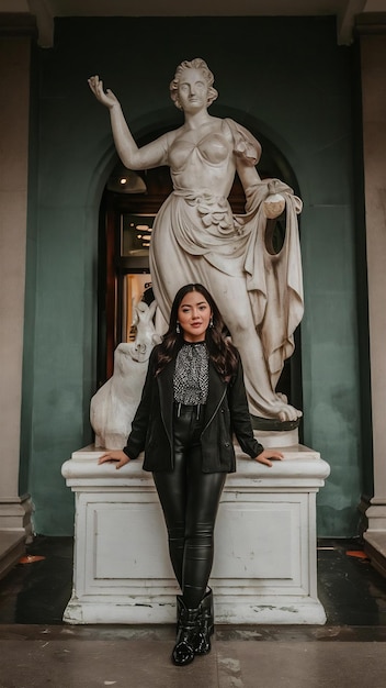 Photo front view woman posing with statue