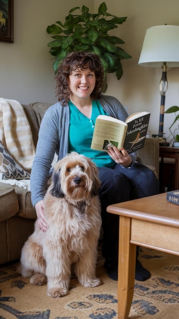 Front view woman sitting with dog on couch