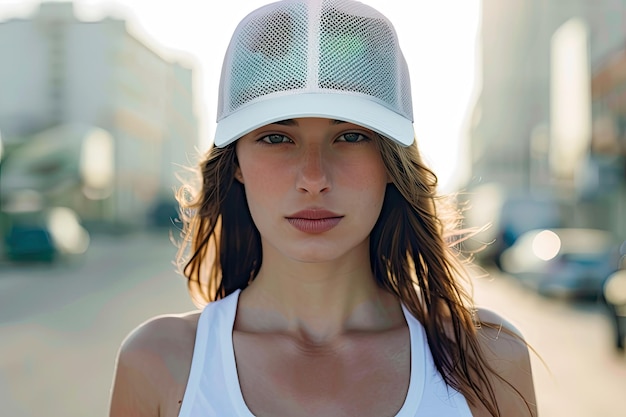 Photo front view woman wearing trucker hat