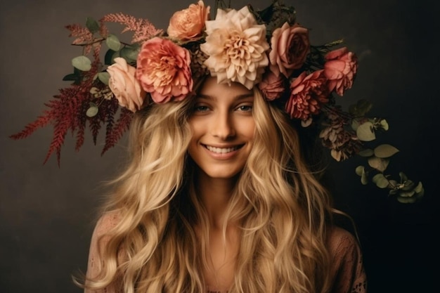 Front view of woman with bouquet of flowers