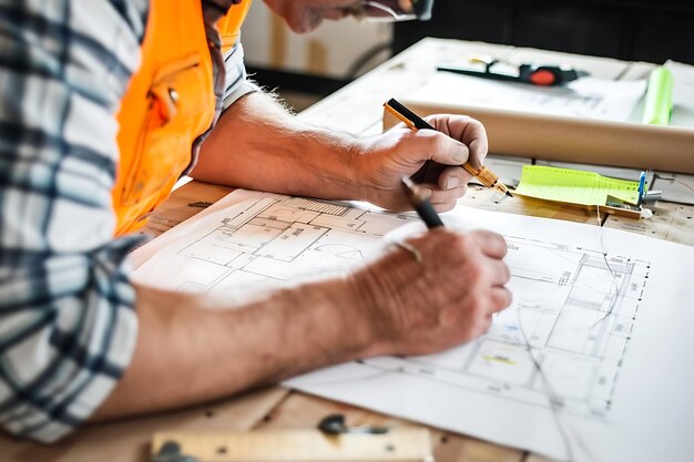 Photo front view of worker holding schematic