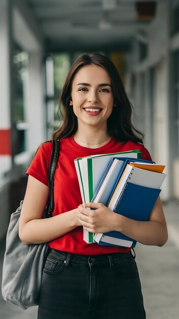 A front view young beautiful lady in red t shirt black jeans holding different copybooks and files