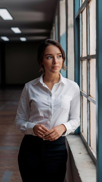 A front view young beautiful lady in white shirt black trousers looking at the distance through win