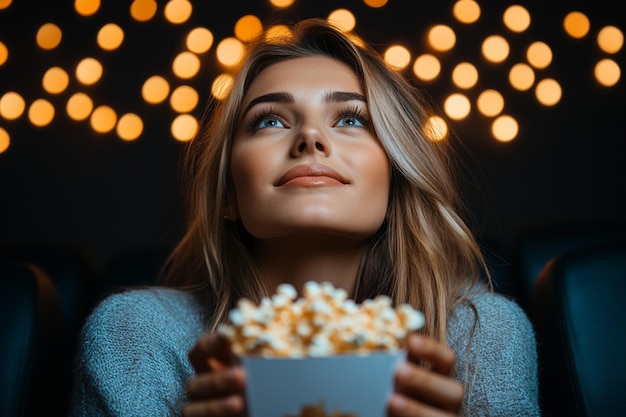 Front view young female at cinema holding popcorn package in