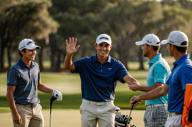 Front view of young golfers high fiving