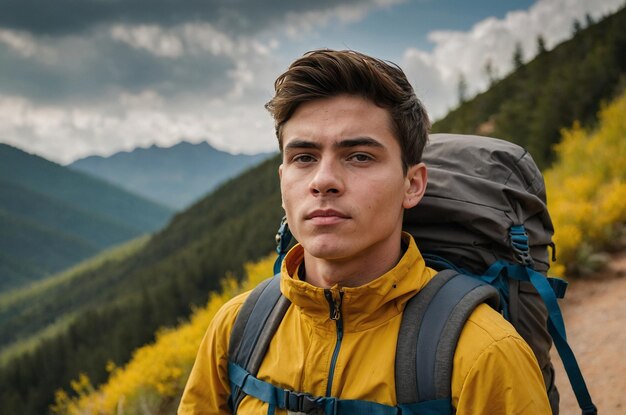 Front view young male going in hiking with backpack on yellow