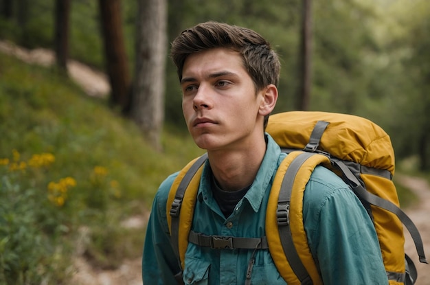 Front view young male going in hiking with backpack on yellow