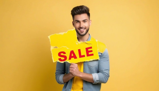 Front view young male holding red sale writing on the yellow ripped background