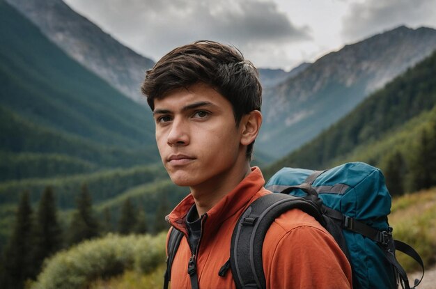 Front view young male with backpack preparing for hiking