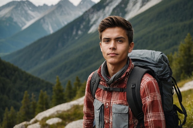 Front view young male with backpack preparing for hiking