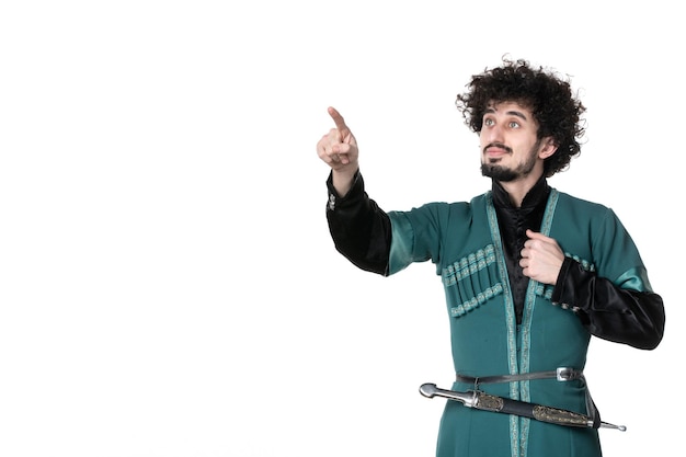 Front view of young man in traditional azerbaijani costume on white background concept spring performer ethnicity horizontal novruz dancer