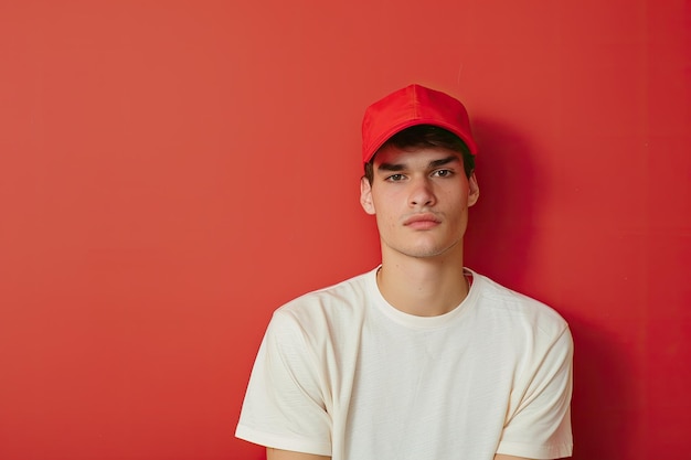 Photo front view of young man wearing red cap on red wall