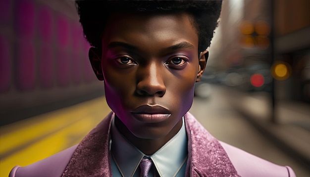 Front view of a young and stilish Afro black young man in the street Generative AI