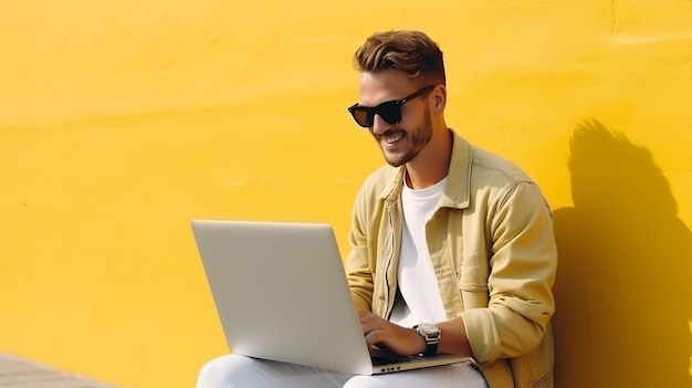 Front view of a young trendy man with a fixed bike wearing casual clothes while using a laptop