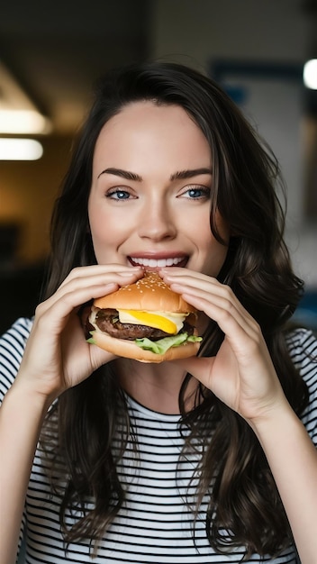 Front view young woman eating burger