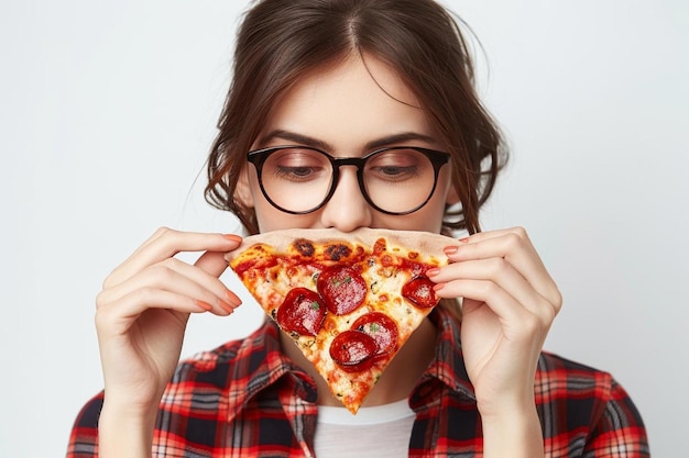 Front view young woman eating delicious pizza