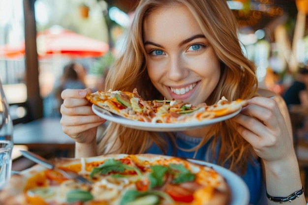 Front view young woman eating delicious pizza