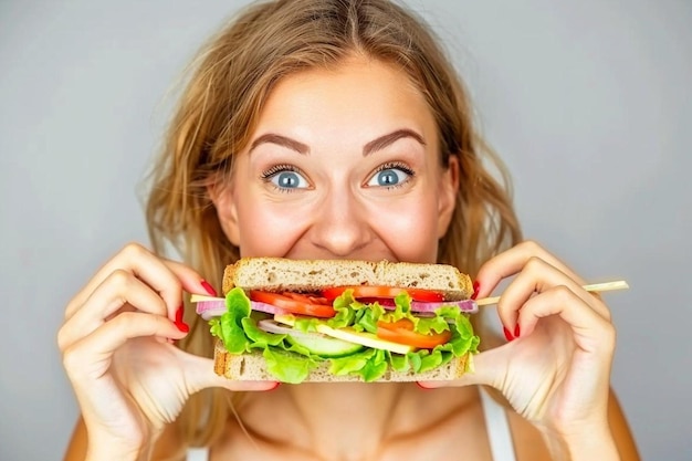 Front view young woman eating sandwich