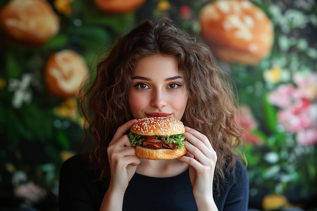 Front view young woman eating sandwich