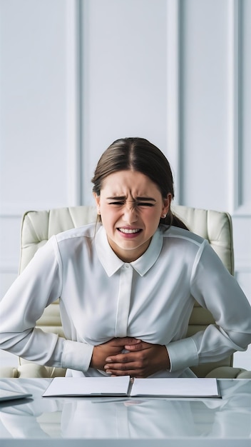 Photo front view young woman in white blouse having stomachache on white background office job female emo