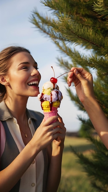 Front view young women with ice cream outdoors