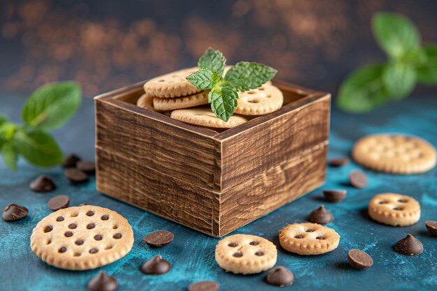 Front view yummy biscuits inside wooden box