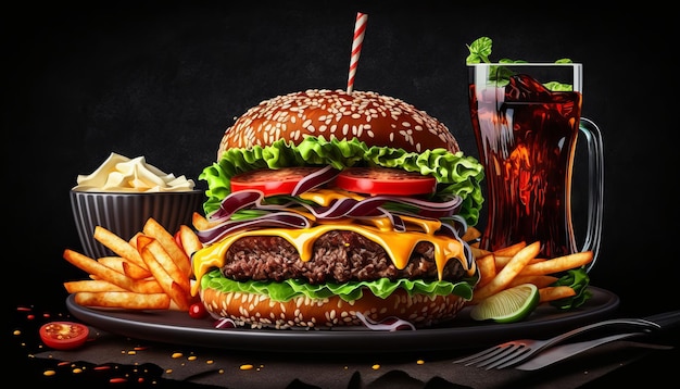 Front view yummy meat cheeseburger with french fries on dark background Generative ai