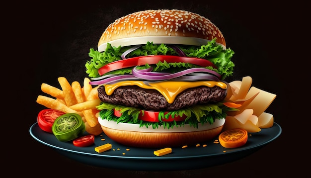 Front view yummy meat cheeseburger with french fries on dark background Generative ai