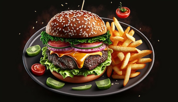 Front view yummy meat cheeseburger with french fries on dark background Generative ai