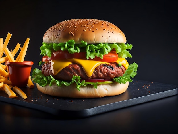 Front view yummy meat cheeseburger with french fries on dark background snack fastfood sandwich