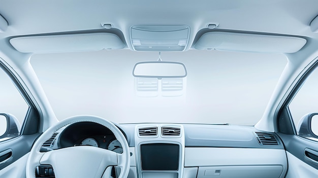 Front windshield of a white car as mockup on neutral studio background back seat inside interior