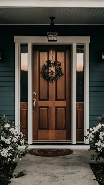 Front wood Door of Home with Sunrise light on wooden door