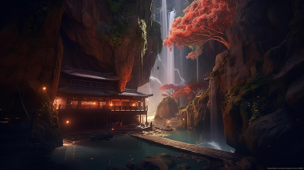 Frontal perspective Sakura tree style village in the cave with a waterfall AI Generated Image