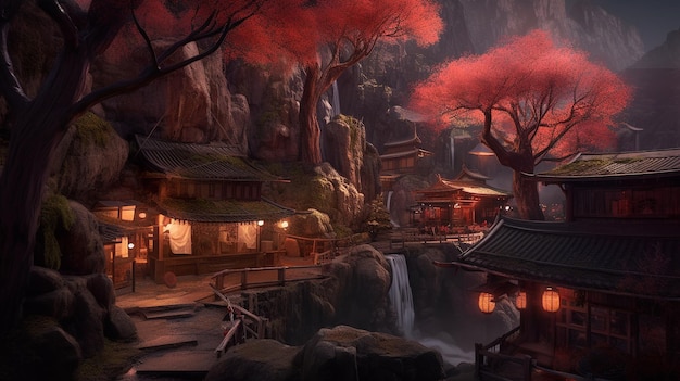 Frontal perspective Sakura tree style village in the cave with a waterfall AI Generated Image