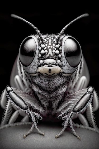 frontal portrait black and white closeup insect