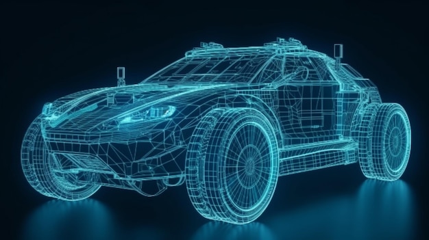 Frontside Futuristic AR car wireframe concept generative ai Augmented reality wireframe of car concept with blue background