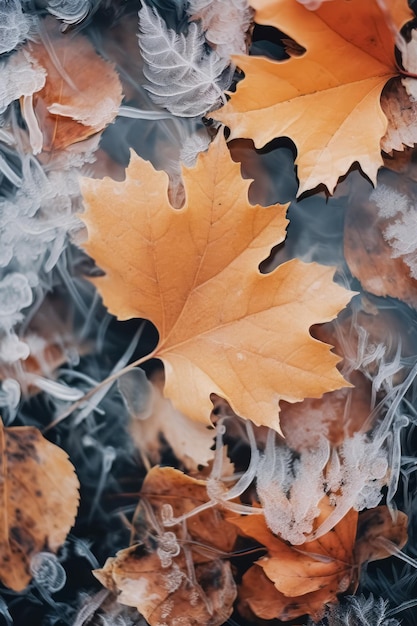 Frost covered closeup autumn leaves beautiful background Cold weather frozen winter seasonal scene