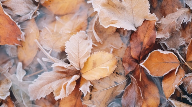 Frost covered closeup autumn leaves beautiful background Cold weather frozen winter seasonal scene