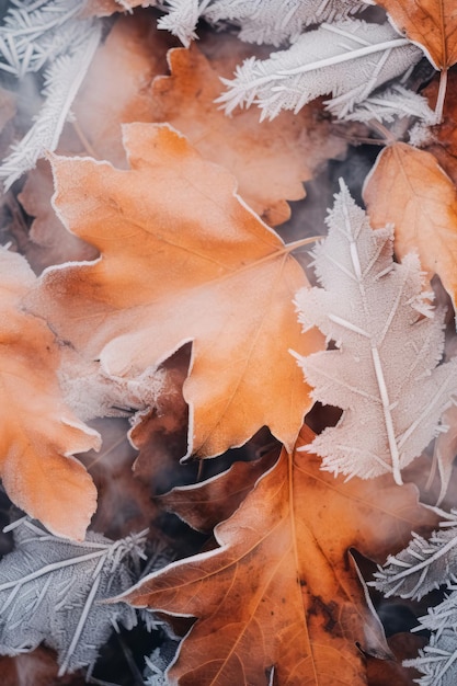 Frost covered closeup autumn leaves beautiful background Cold weather frozen winter seasonal scene