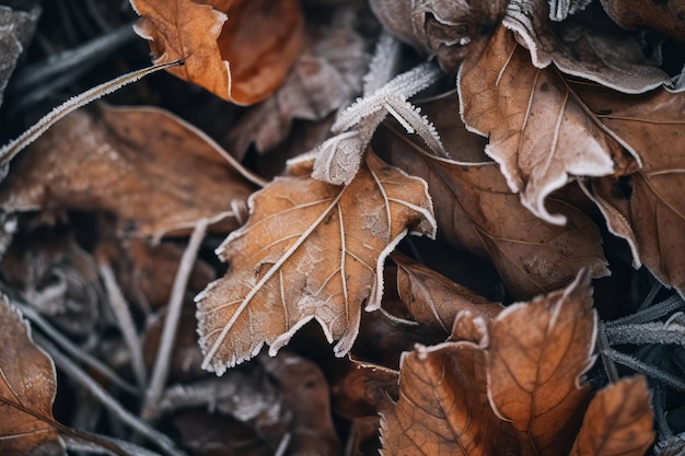 Frost covered closeup autumn leaves beautiful background Cold weather frozen winter seasonal scene