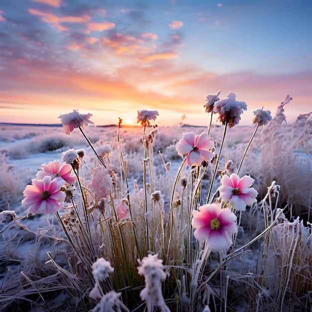 Photo frost covered wildflowers pastel sky