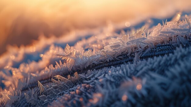 Frost crystals glowing during golden hour sunset