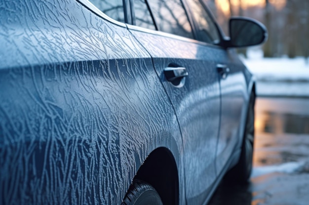 Frost patterns on car door with focus on icy lock created with generative ai