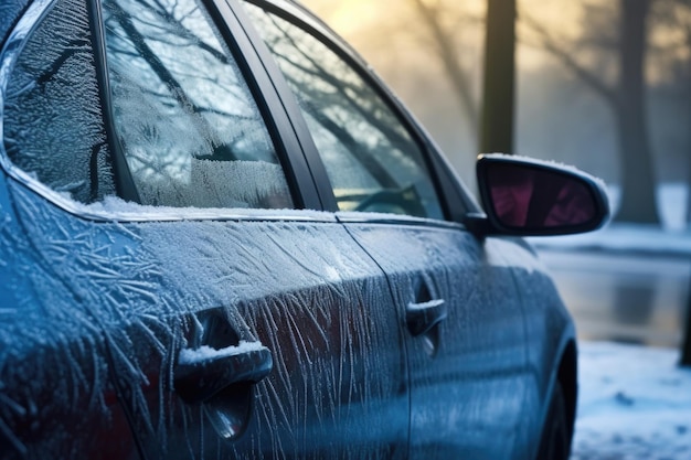 Frost patterns on car door with focus on icy lock created with generative ai