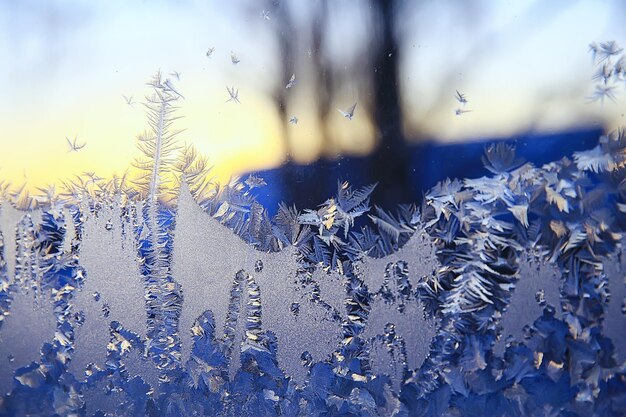 frost patterns on window glass, abstract background winter rime snow