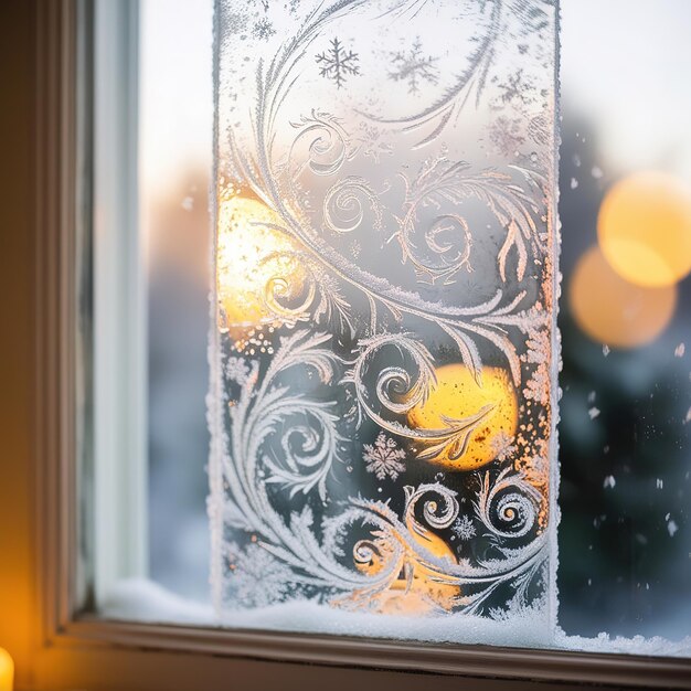 Photo frost patterns on window at sunrise with warm bokeh lights