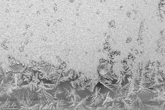 Photo frost on the window, natural texture on glass with frozen pattern. copy space, natural background, macro. beautiful winter background